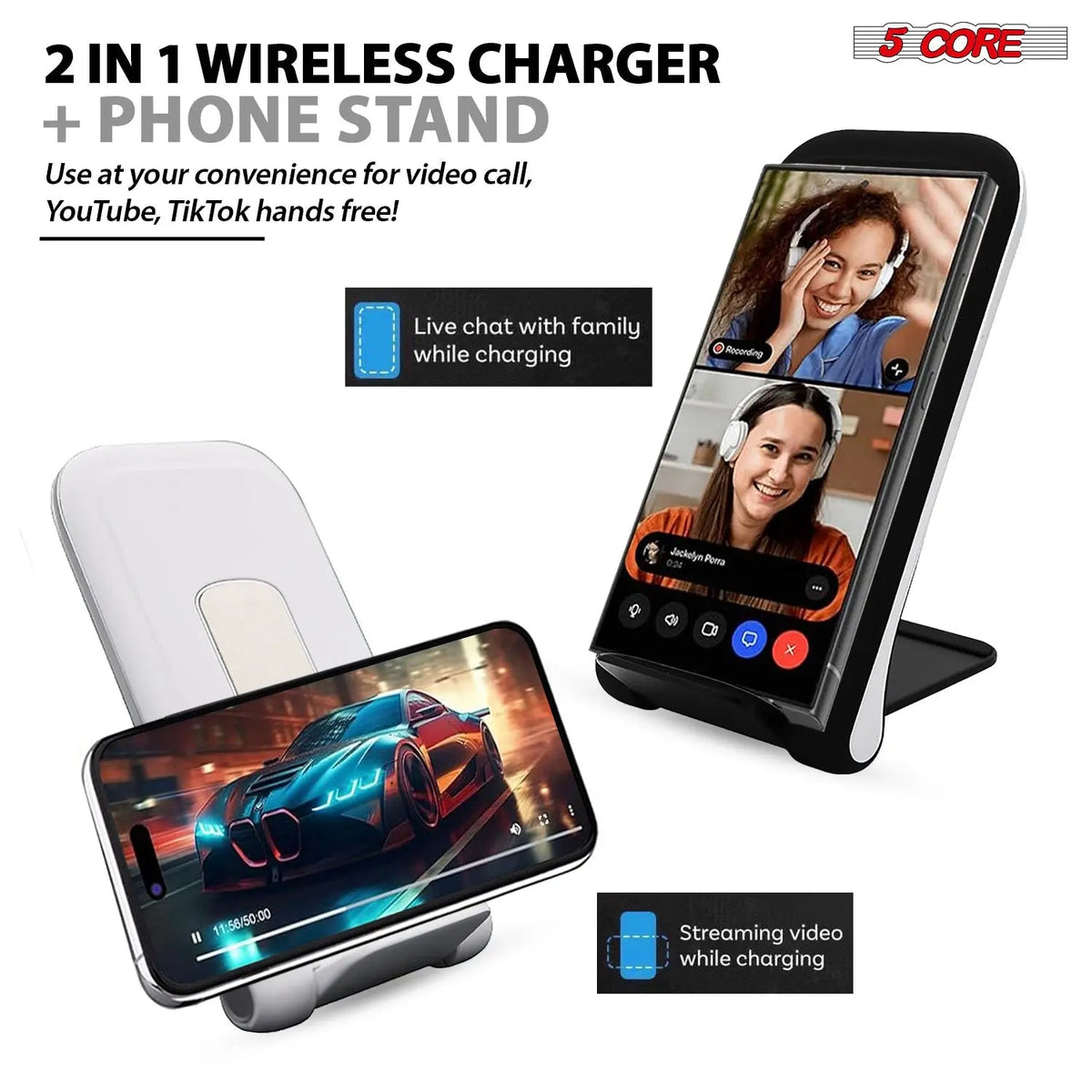 5 Core Wireless Charging Stand 2 Pieces 10W Fast Wireless Charger Station with Sleep-Friendly Light - HONORABLE VETERANS SOLUTIONS