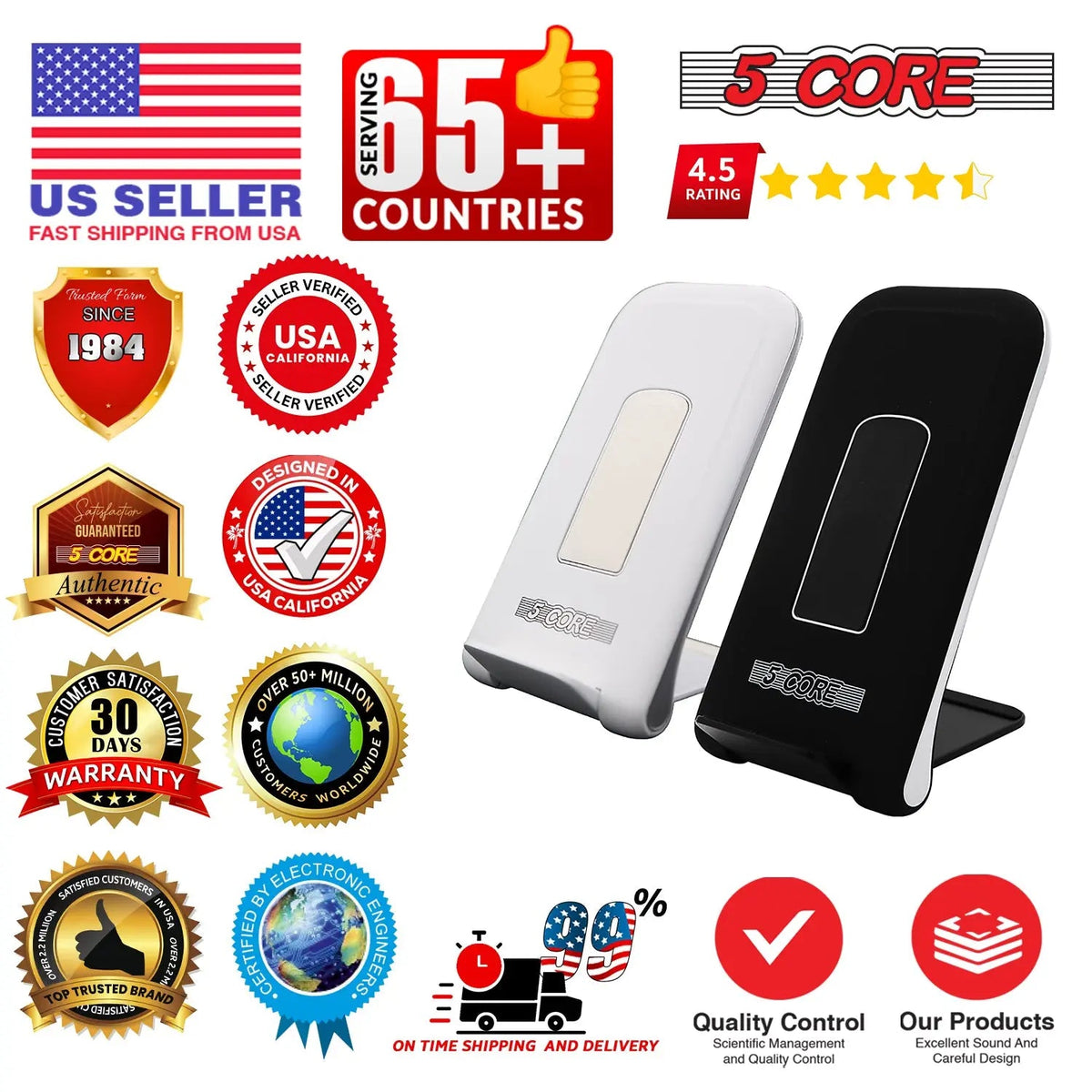 5 Core Wireless Charging Stand 2 Pieces 10W Fast Wireless Charger Station with Sleep-Friendly Light - HONORABLE VETERANS SOLUTIONS