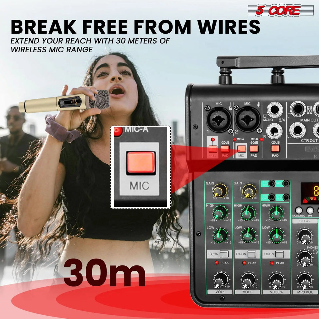 5Core Audio Mixer 4 Channel DJ Soundboard USB Interface Bluetooth Mixing Console w Repeat Delay +48V - HONORABLE VETERANS SOLUTIONS