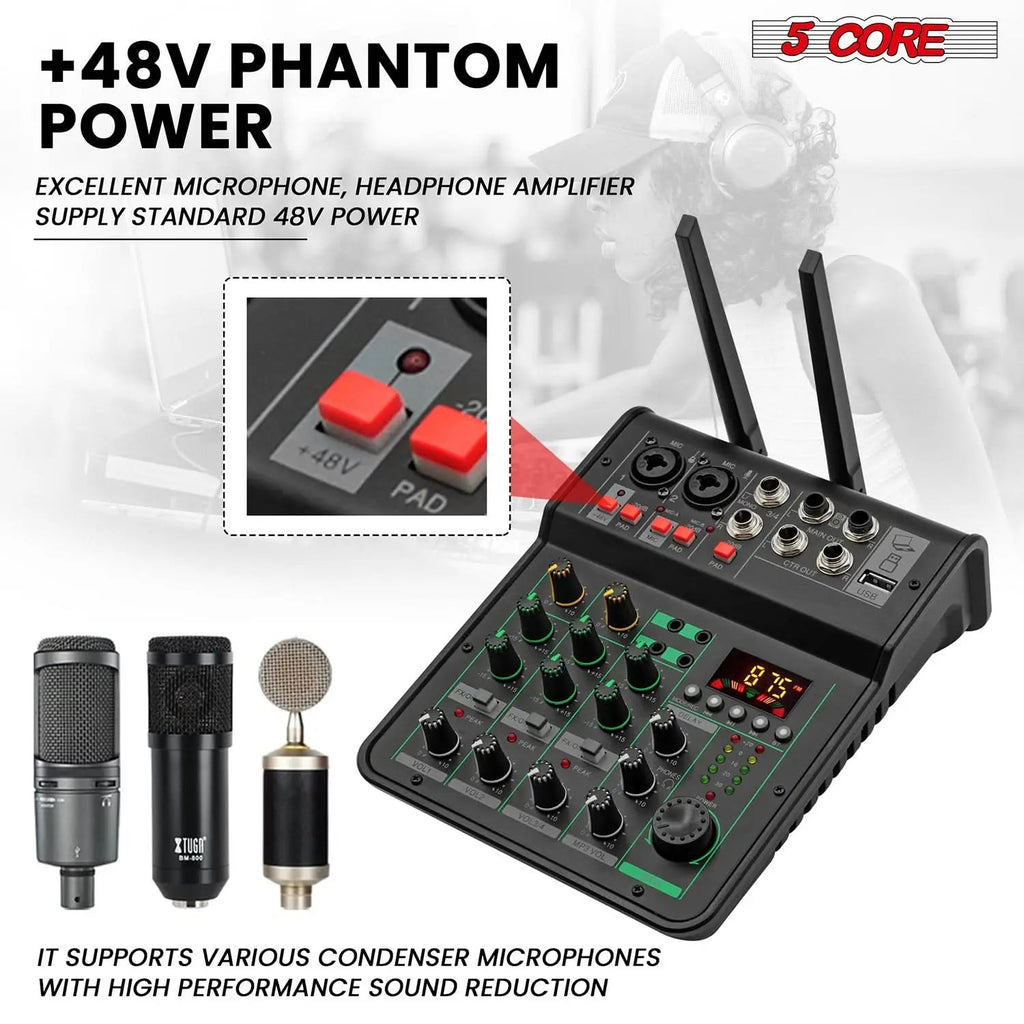 5Core Audio Mixer 4 Channel DJ Soundboard USB Interface Bluetooth Mixing Console w Repeat Delay +48V - HONORABLE VETERANS SOLUTIONS