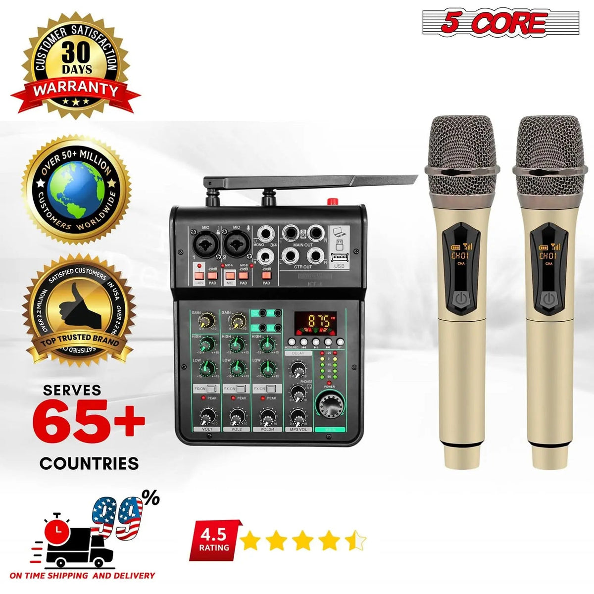 5Core Audio Mixer 4 Channel DJ Soundboard USB Interface Bluetooth Mixing Console w Repeat Delay +48V - HONORABLE VETERANS SOLUTIONS