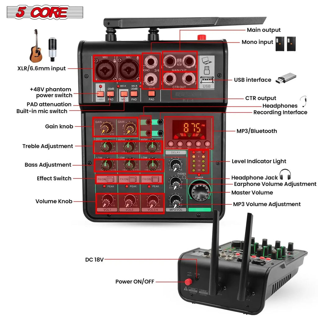 5Core Audio Mixer 4 Channel DJ Soundboard USB Interface Bluetooth Mixing Console w Repeat Delay +48V - HONORABLE VETERANS SOLUTIONS