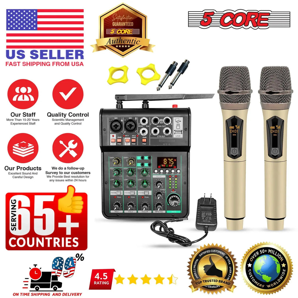 5Core Audio Mixer 4 Channel DJ Soundboard USB Interface Bluetooth Mixing Console w Repeat Delay +48V - HONORABLE VETERANS SOLUTIONS