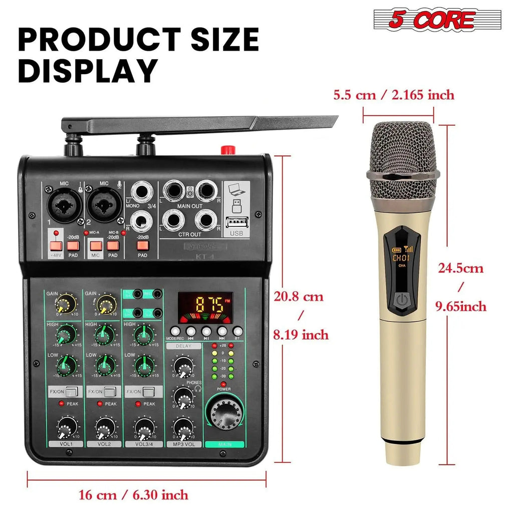 5Core Audio Mixer 4 Channel DJ Soundboard USB Interface Bluetooth Mixing Console w Repeat Delay +48V - HONORABLE VETERANS SOLUTIONS