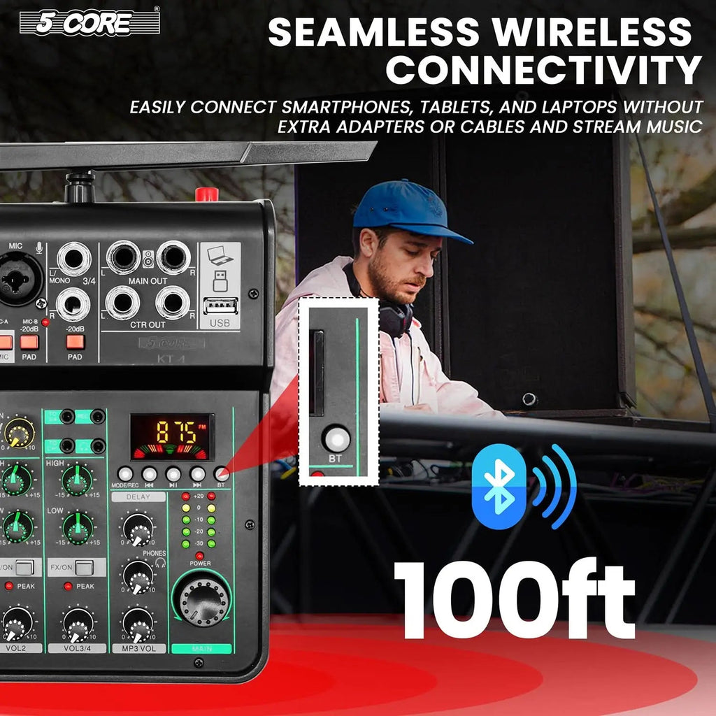 5Core Audio Mixer 4 Channel DJ Soundboard USB Interface Bluetooth Mixing Console w Repeat Delay +48V - HONORABLE VETERANS SOLUTIONS