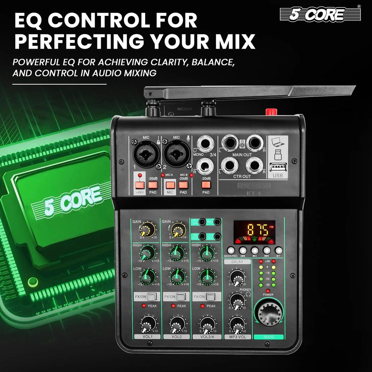 5Core Audio Mixer 4 Channel DJ Soundboard USB Interface Bluetooth Mixing Console w Repeat Delay +48V - HONORABLE VETERANS SOLUTIONS