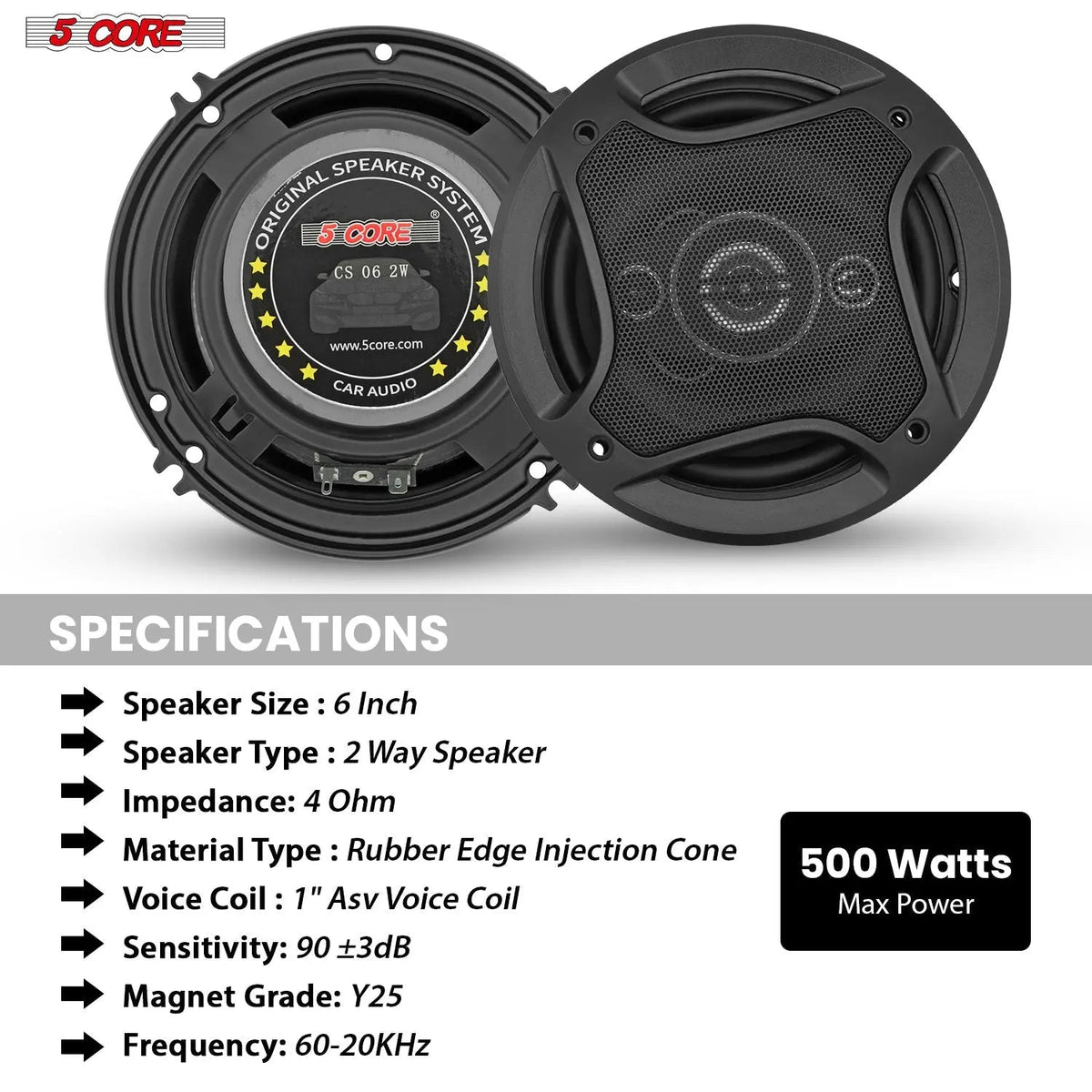5Core Coaxial Car Door Speakers 6” Pair 500W 4Ohm 2 Way Component Subwoofer Audio w Super Tweeter - HONORABLE VETERANS SOLUTIONS