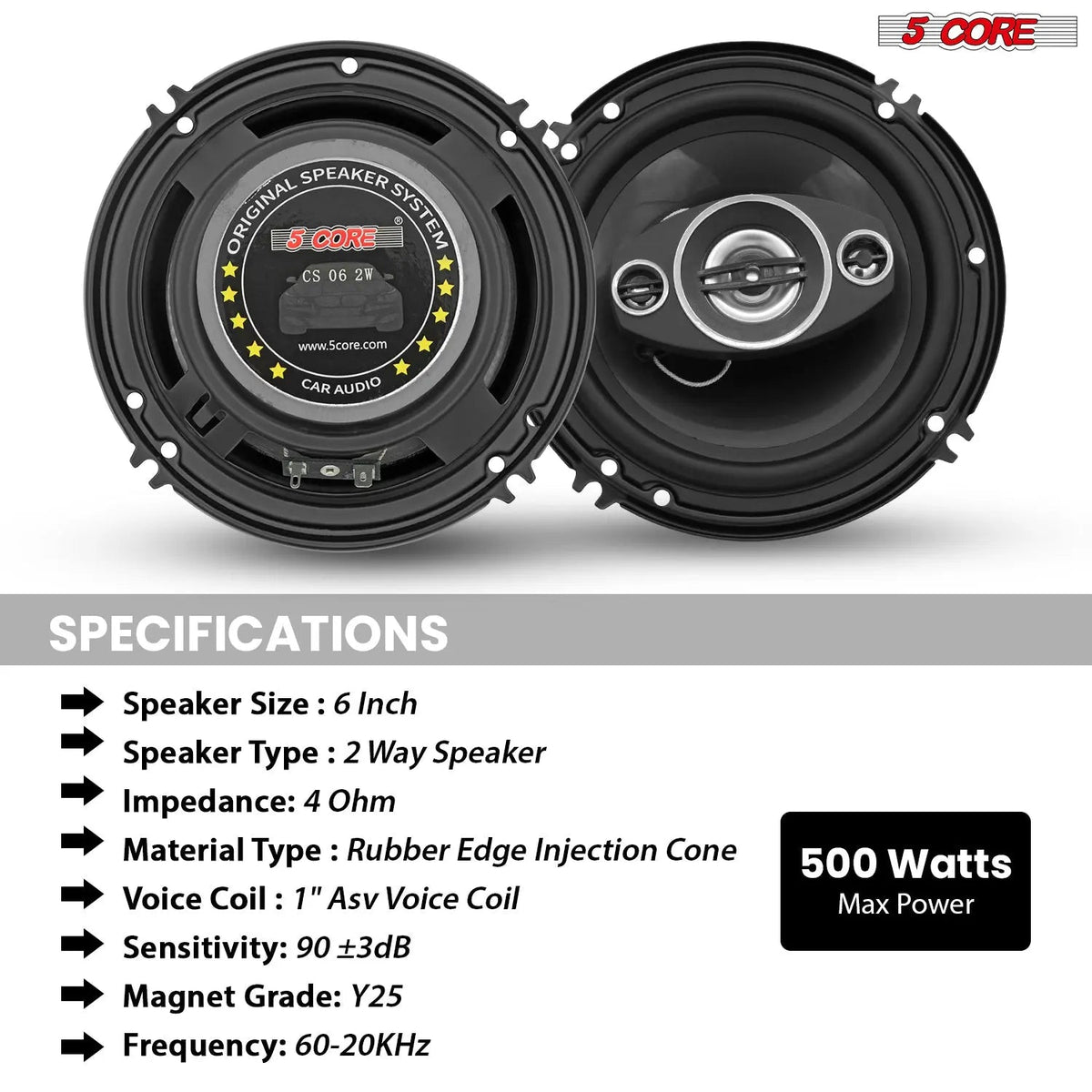 5Core Coaxial Car Door Speakers 6” Pair 500W 4Ohm 2 Way Component Subwoofer Audio w Super Tweeter - HONORABLE VETERANS SOLUTIONS
