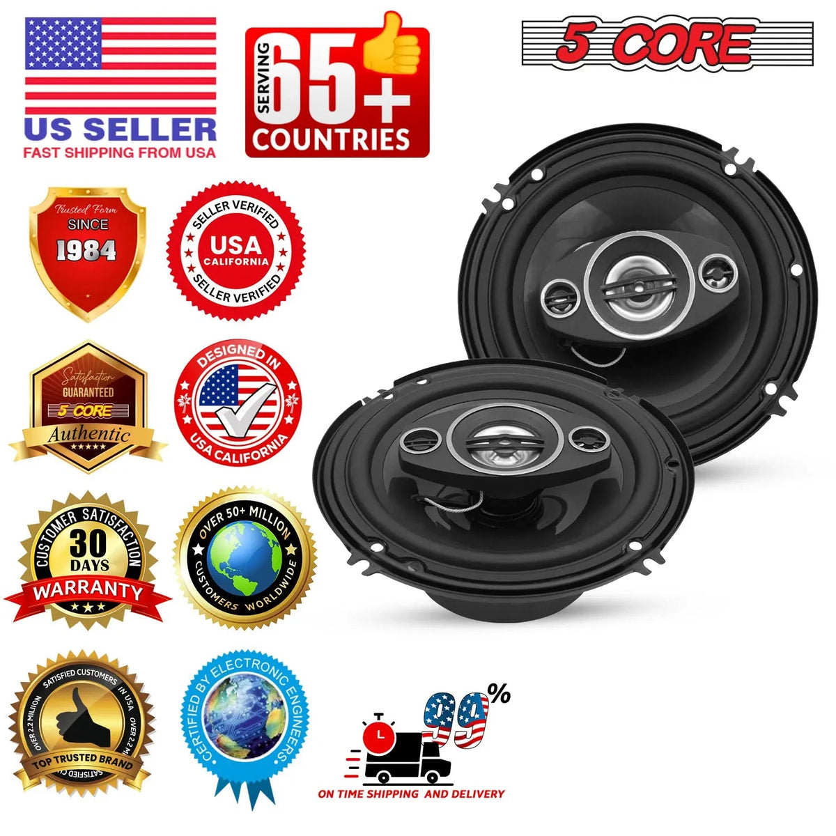 5Core Coaxial Car Door Speakers 6” Pair 500W 4Ohm 2 Way Component Subwoofer Audio w Super Tweeter - HONORABLE VETERANS SOLUTIONS