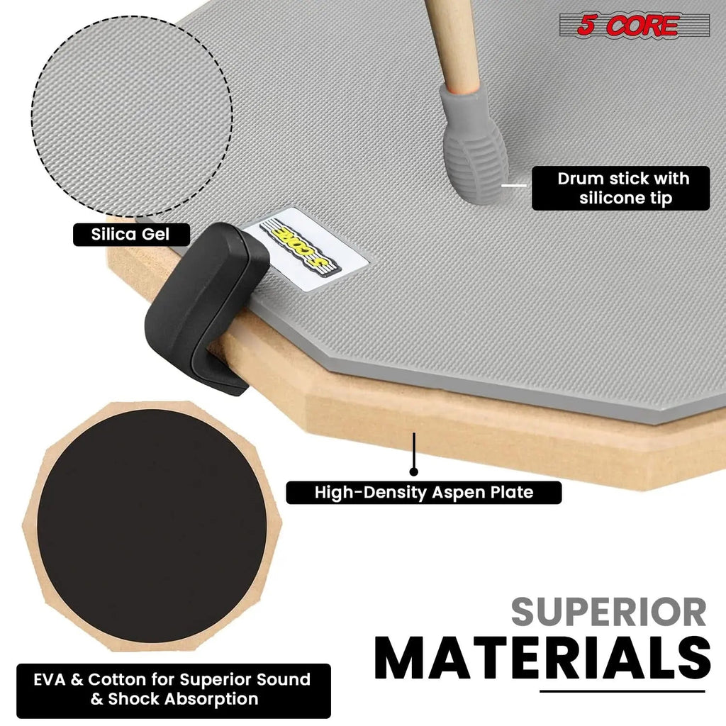 5Core Drum Practice Pad Set 12" Snare Drumming Stand Double Sided Silent Drummer Kit - HONORABLE VETERANS SOLUTIONS