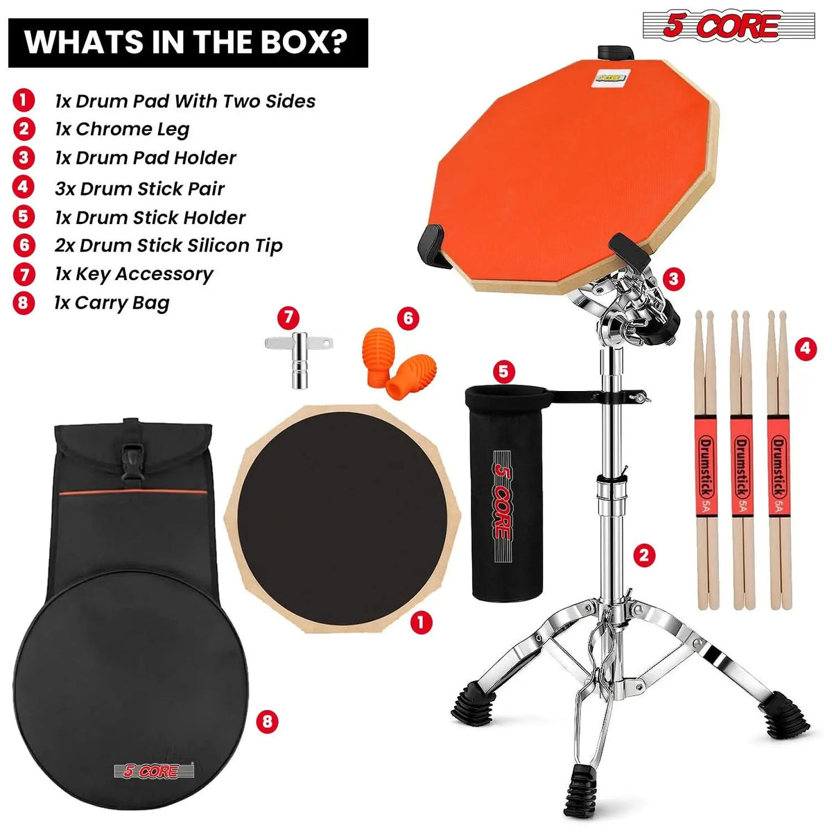 5Core Drum Practice Pad Set 12" Snare Drumming Stand Double Sided Silent Drummer Kit - HONORABLE VETERANS SOLUTIONS