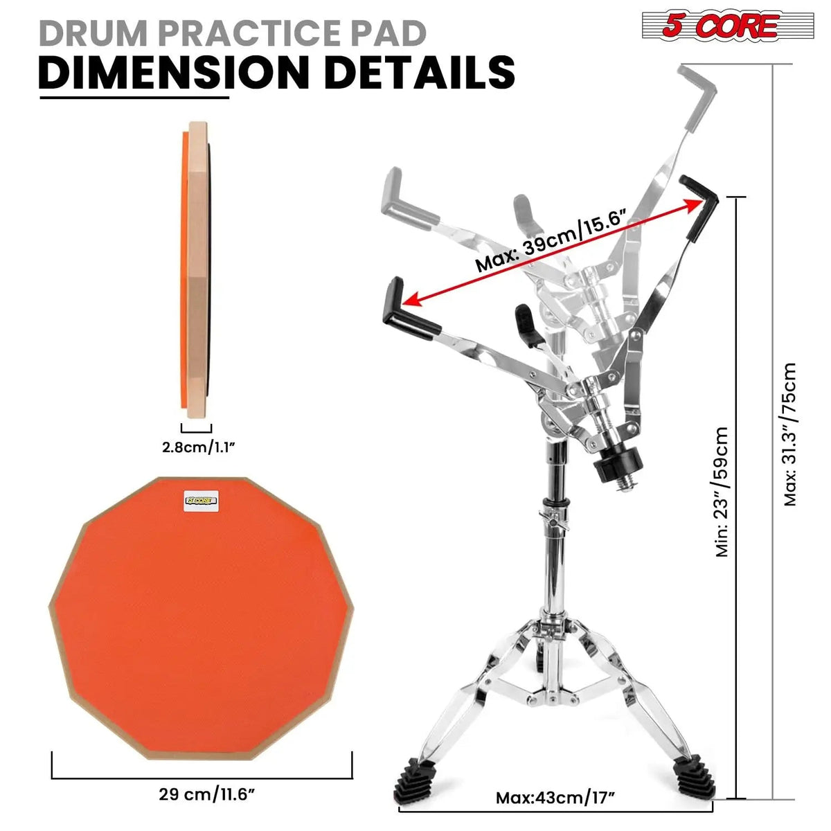 5Core Drum Practice Pad Set 12" Snare Drumming Stand Double Sided Silent Drummer Kit - HONORABLE VETERANS SOLUTIONS