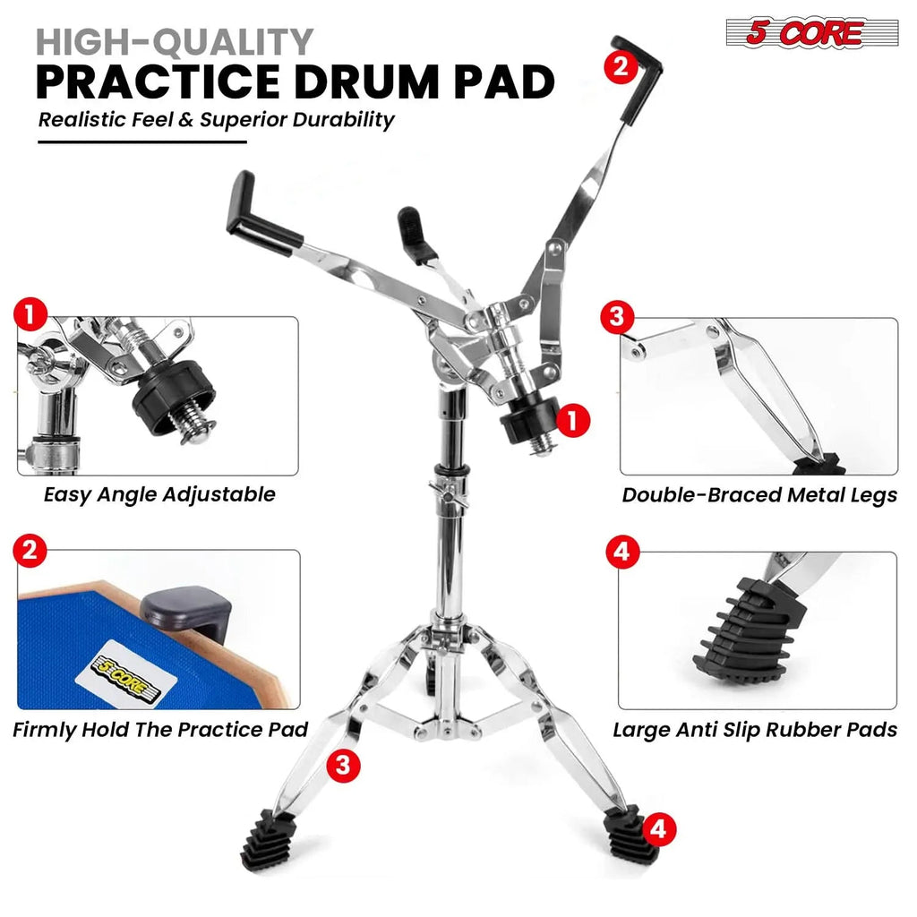 5Core Drum Practice Pad Set 12" Snare Drumming Stand Double Sided Silent Drummer Kit - HONORABLE VETERANS SOLUTIONS