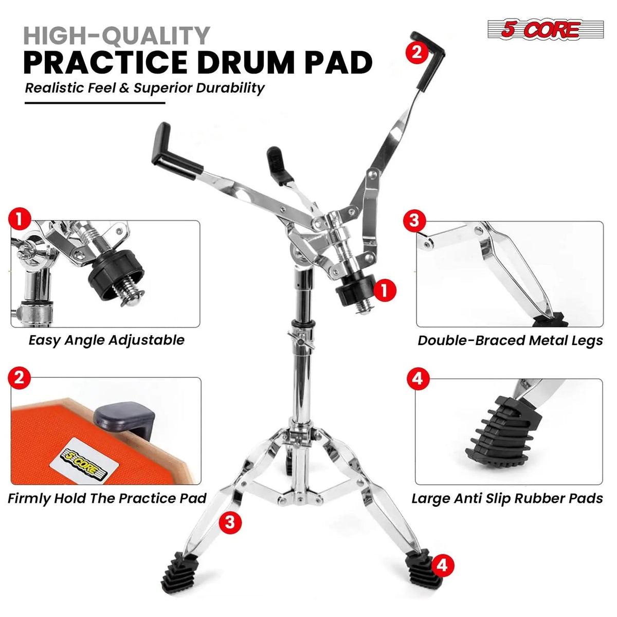 5Core Drum Practice Pad Set 12" Snare Drumming Stand Double Sided Silent Drummer Kit - HONORABLE VETERANS SOLUTIONS