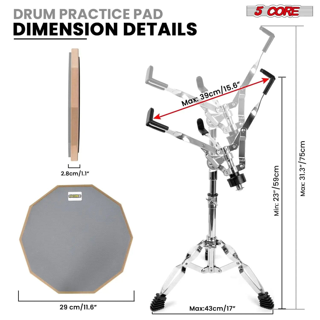 5Core Drum Practice Pad Set 12" Snare Drumming Stand Double Sided Silent Drummer Kit - HONORABLE VETERANS SOLUTIONS