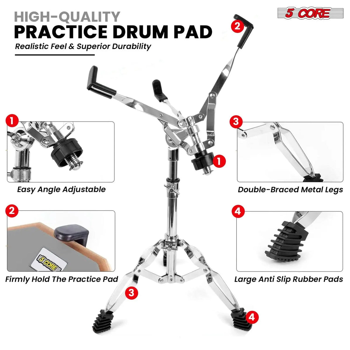 5Core Drum Practice Pad Set 12" Snare Drumming Stand Double Sided Silent Drummer Kit - HONORABLE VETERANS SOLUTIONS