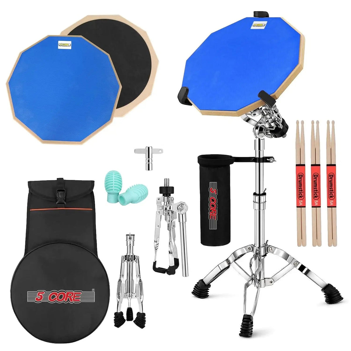 5Core Drum Practice Pad Set 12" Snare Drumming Stand Double Sided Silent Drummer Kit - HONORABLE VETERANS SOLUTIONS