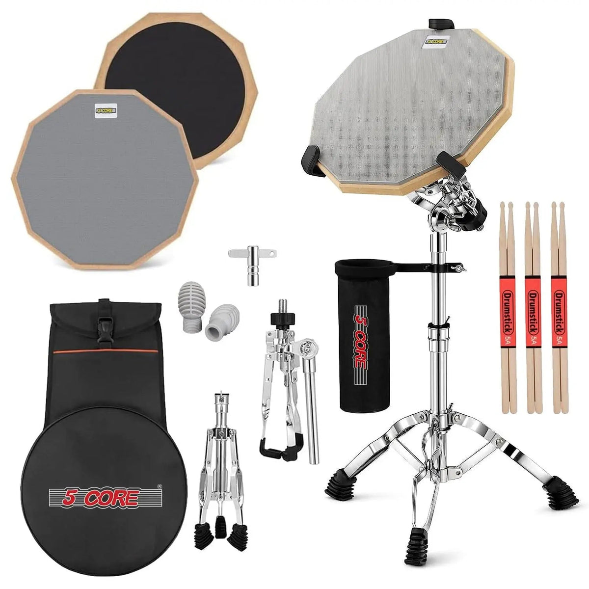 5Core Drum Practice Pad Set 12" Snare Drumming Stand Double Sided Silent Drummer Kit - HONORABLE VETERANS SOLUTIONS