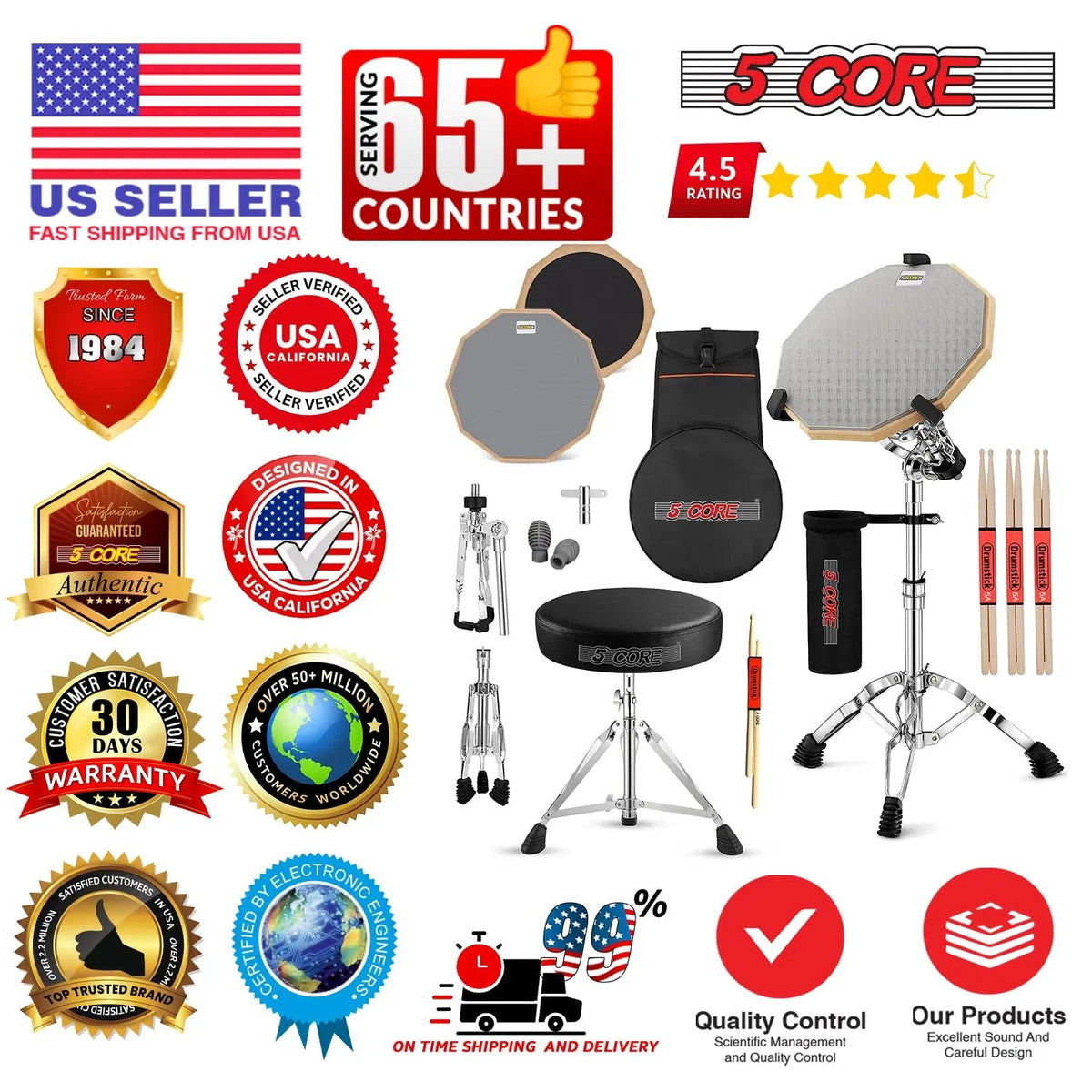 5Core Drum Throne Adjustable Guitar Stool Padded Seat + Drum Practice Pad Snare Drumming Stand - HONORABLE VETERANS SOLUTIONS