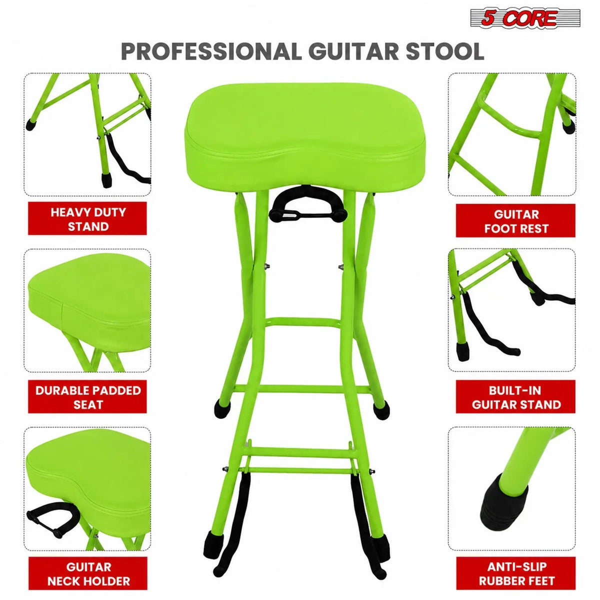 5Core Guitar Stool 3.15" Padded Chair Foldable Heavy Duty Music Seat Built in Foot Rest Guitar Stand - HONORABLE VETERANS SOLUTIONS