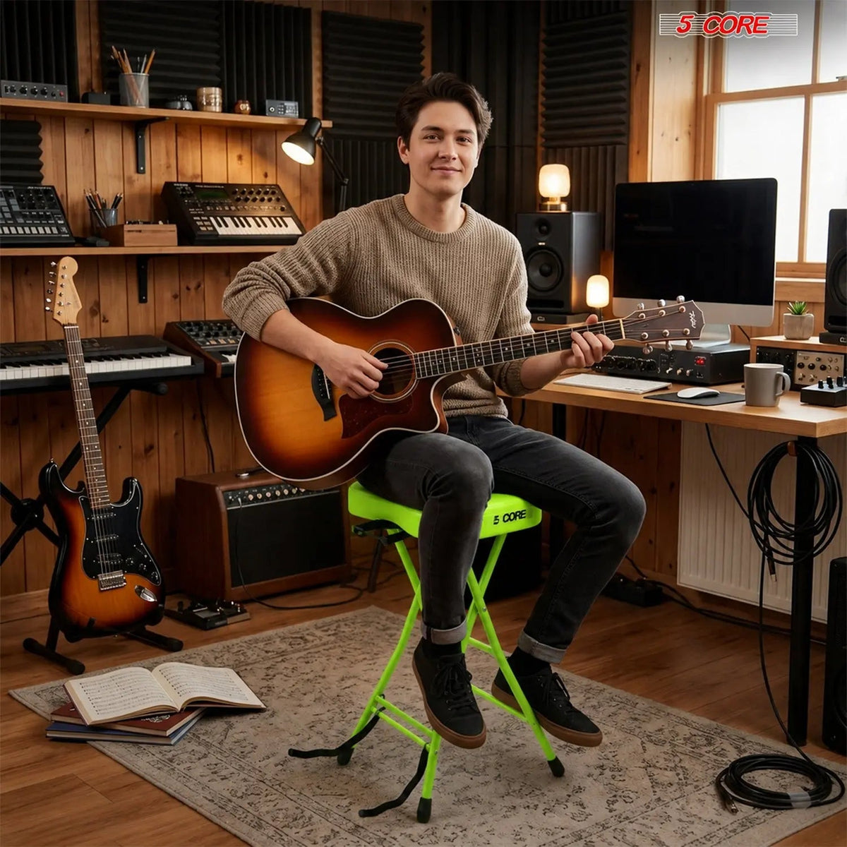 5Core Guitar Stool 3.15" Padded Chair Foldable Heavy Duty Music Seat Built in Foot Rest Guitar Stand - HONORABLE VETERANS SOLUTIONS