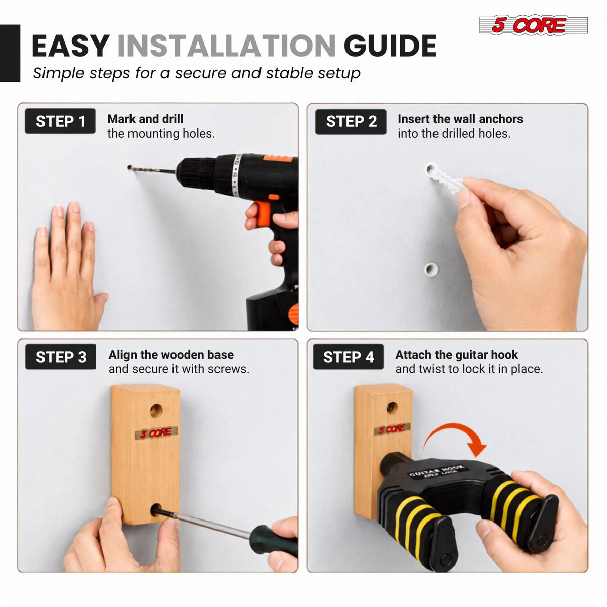 5Core Guitar Wall Mount Hanger Adjustable Display Wall Hook Holder Hard Wood Base - HONORABLE VETERANS SOLUTIONS