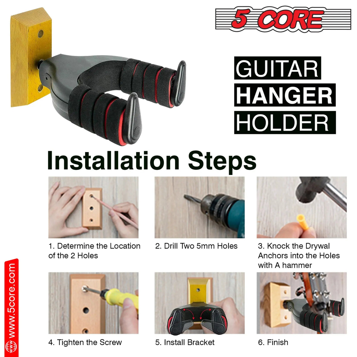 5Core Guitar Wall Mount Hanger Adjustable Display Wall Hook Holder Hard Wood Base - HONORABLE VETERANS SOLUTIONS