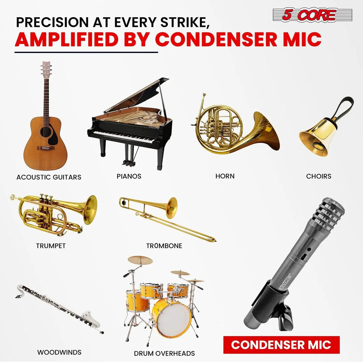 5Core Instrument Microphone Professional XLR Cardioid Pencil Stick Condenser Mic - HONORABLE VETERANS SOLUTIONS