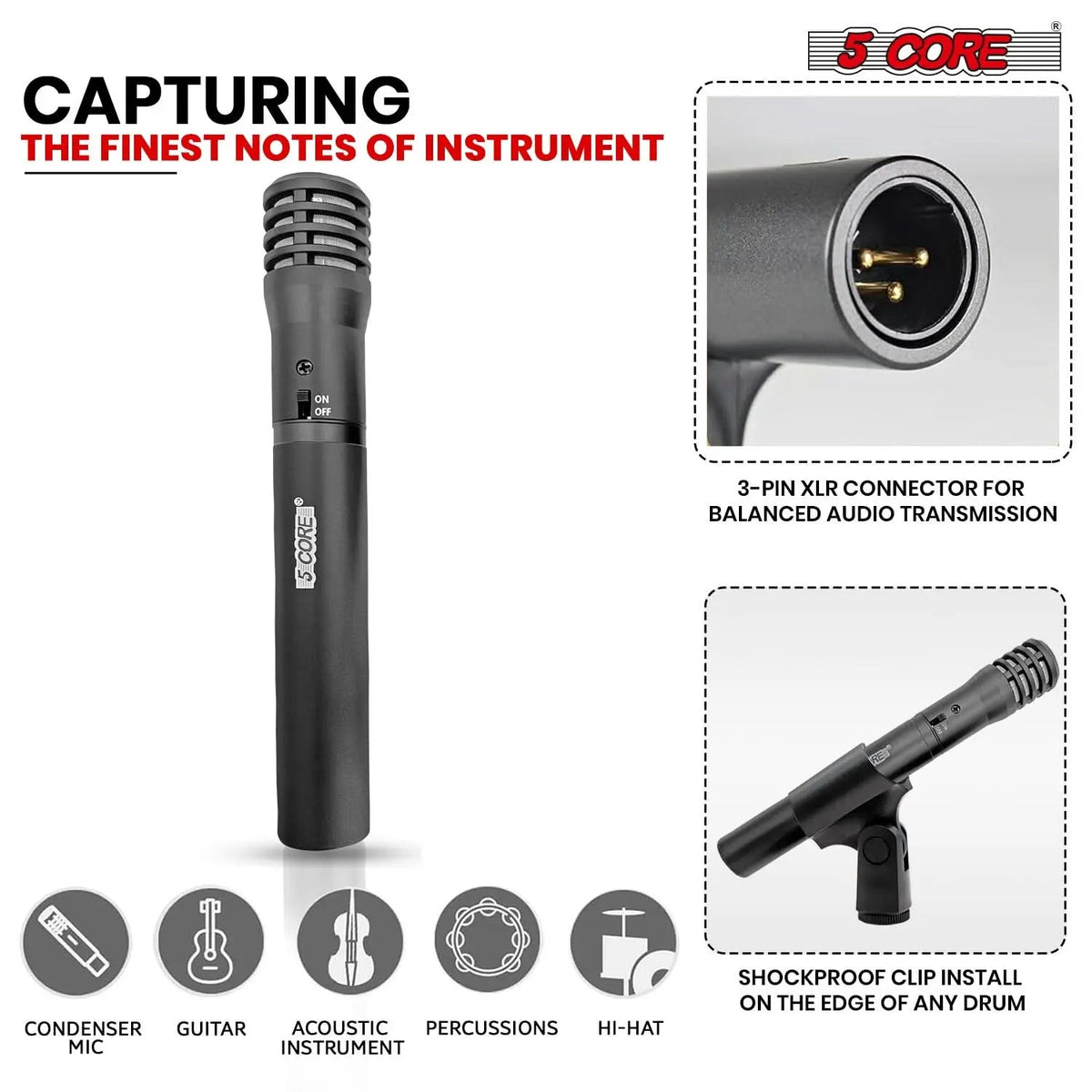 5Core Instrument Microphone Professional XLR Cardioid Pencil Stick Condenser Mic - HONORABLE VETERANS SOLUTIONS