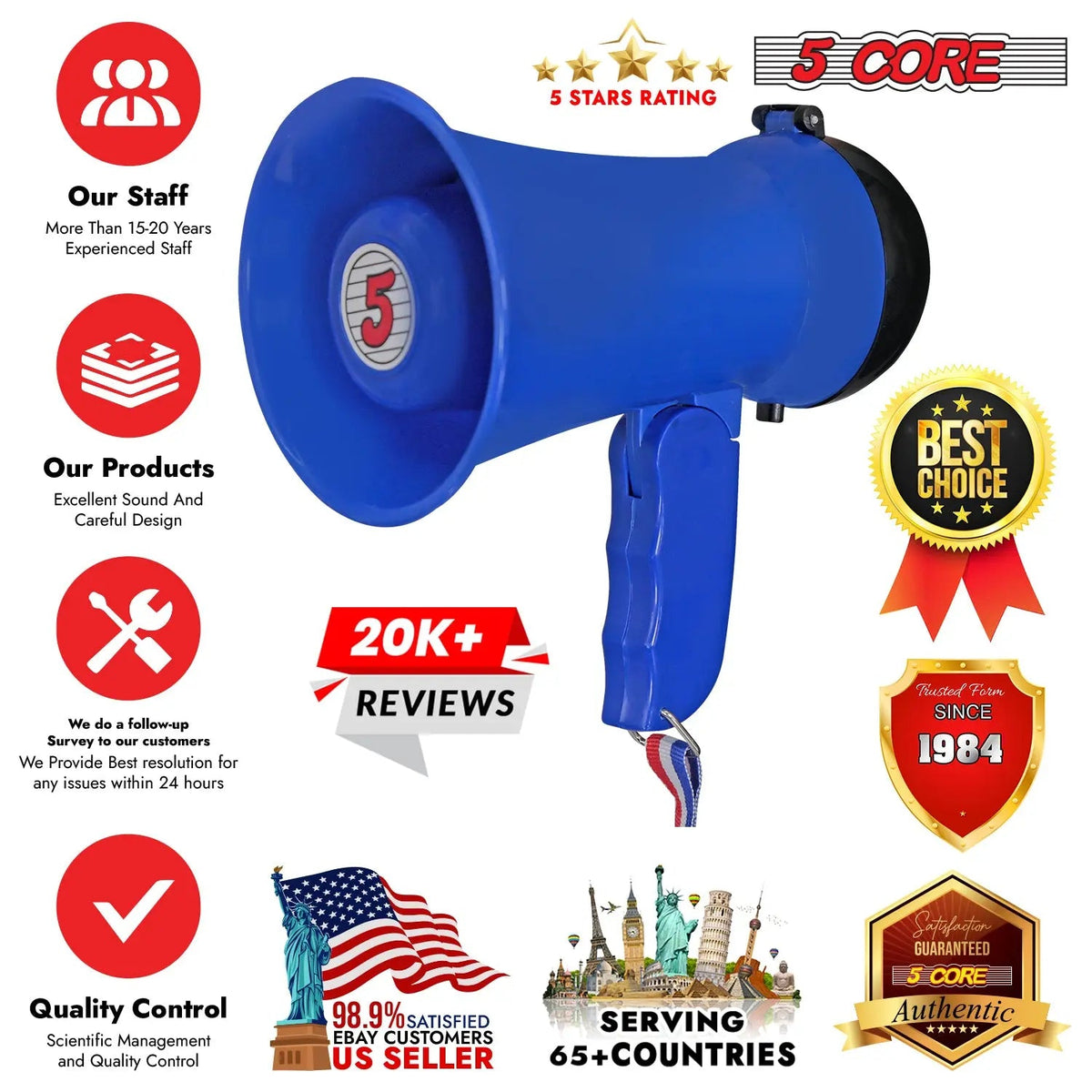5Core Megaphone 15W Bull Horn Kids PA Speaker w 400 Yards Range Siren Lightweight Loud Mini Megafono - HONORABLE VETERANS SOLUTIONS