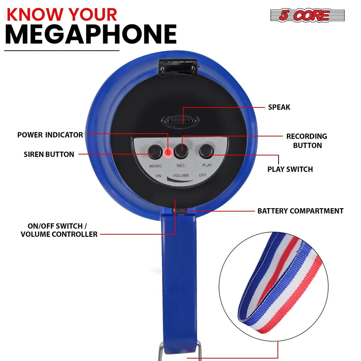 5Core Megaphone 15W Bull Horn Kids PA Speaker w 400 Yards Range Siren Lightweight Loud Mini Megafono - HONORABLE VETERANS SOLUTIONS