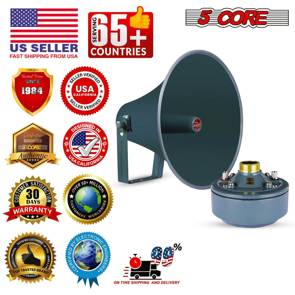 5Core PA Horn Speaker Set 2" Compression Driver 600W 16 Ohm Weatherproof Aluminum Body 18 TPI Thread - HONORABLE VETERANS SOLUTIONS