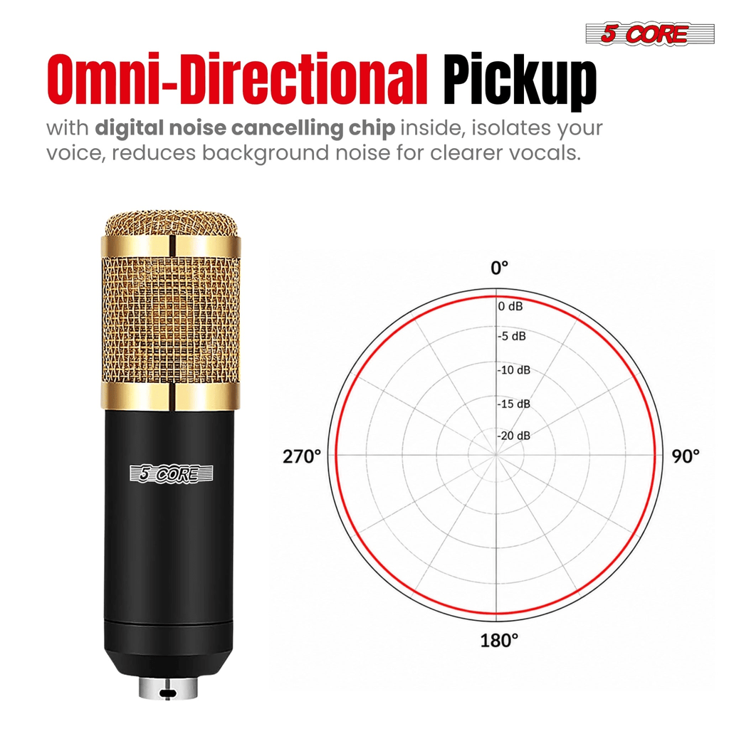 5Core Recording Microphone Podcast Bundle Professional Condenser Omnidirectional Mic Kit w Boom Arm - HONORABLE VETERANS SOLUTIONS