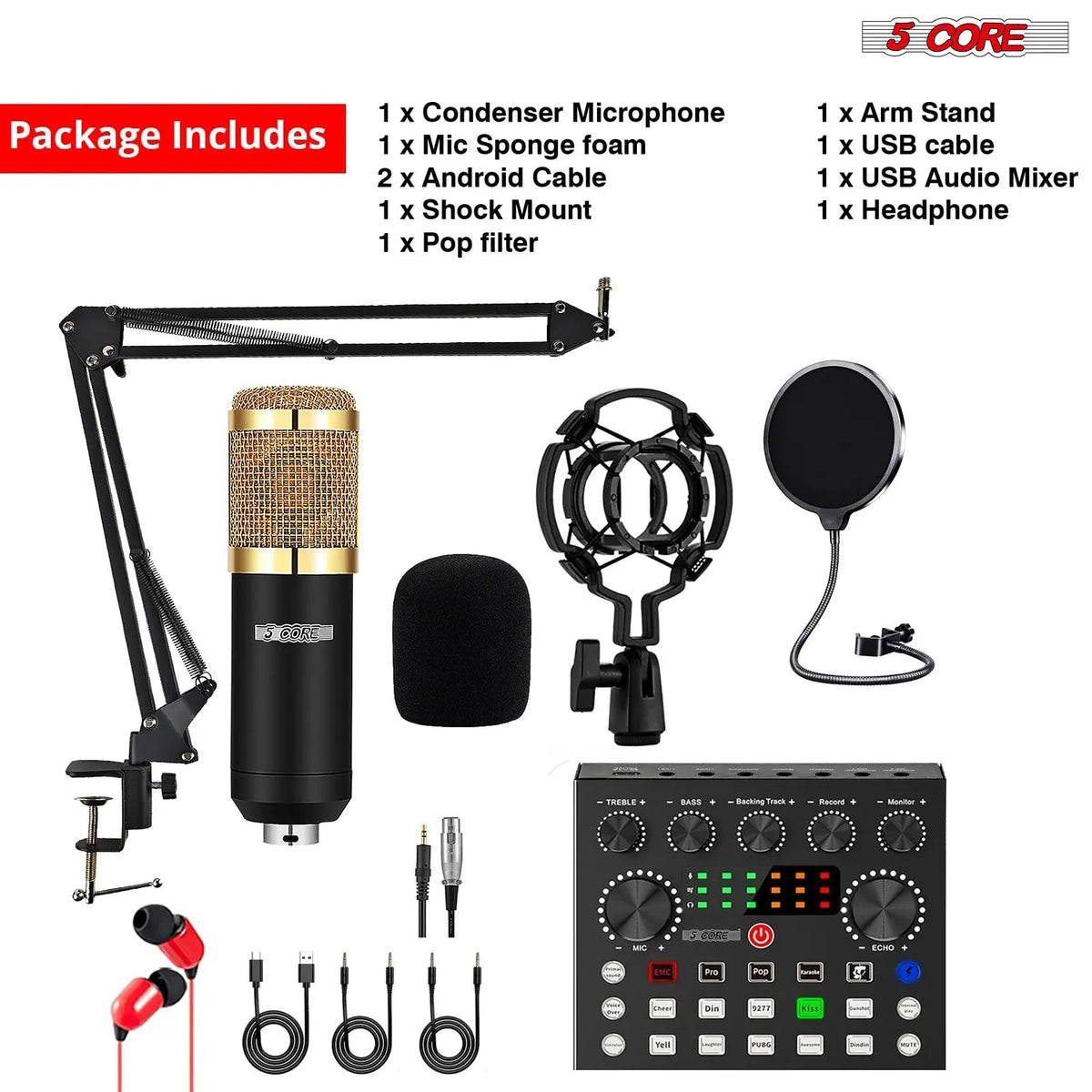 5Core Recording Microphone Podcast Bundle Professional Condenser Omnidirectional Mic Kit w Boom Arm - HONORABLE VETERANS SOLUTIONS