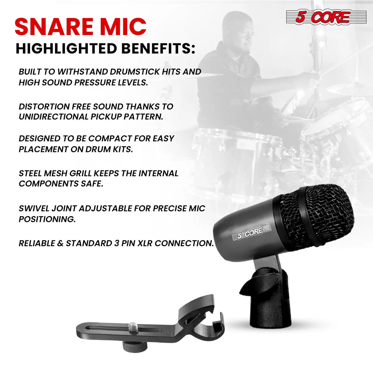 5Core Snare Mic XLR Cardioid Tom Drum Kick Instrument Microphone BLACK - HONORABLE VETERANS SOLUTIONS