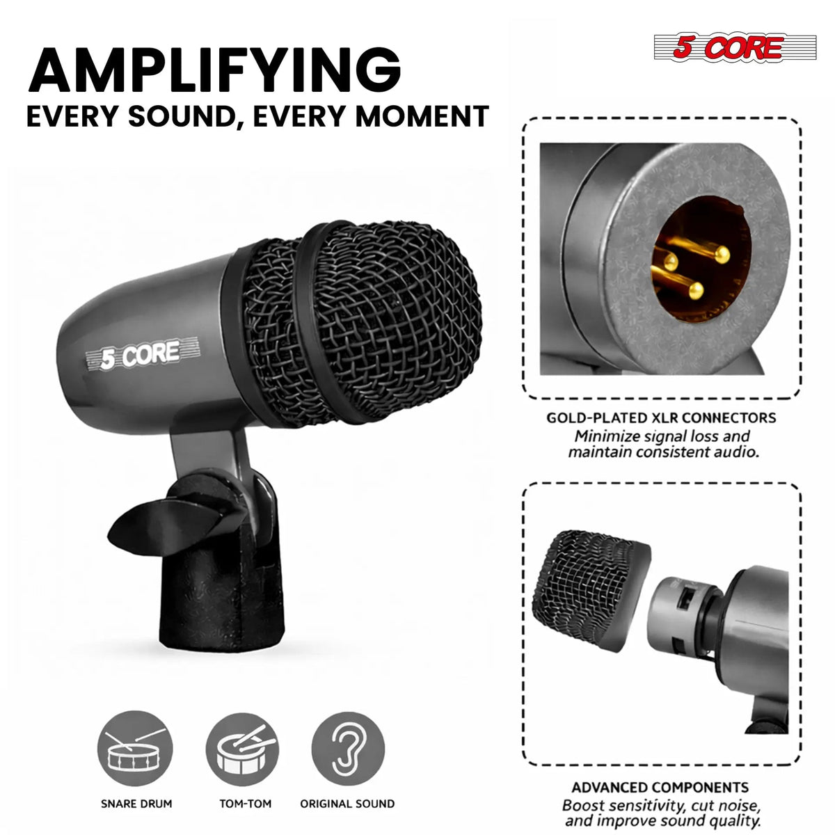 5Core Snare Mic XLR Cardioid Tom Drum Kick Instrument Microphone BLACK - HONORABLE VETERANS SOLUTIONS