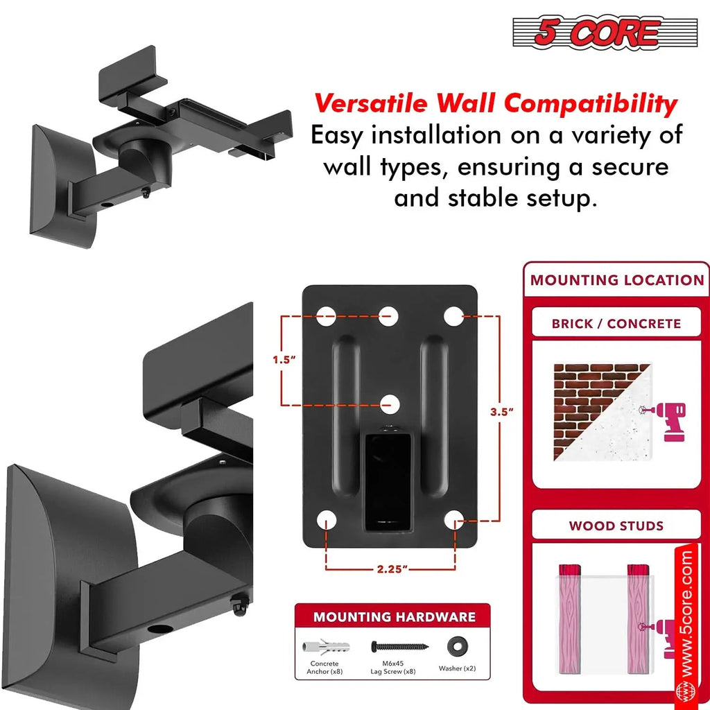 5Core Speaker Wall Mount Adjustable Swivel 15 Inch Space Bookshelf Brackets Pair - HONORABLE VETERANS SOLUTIONS