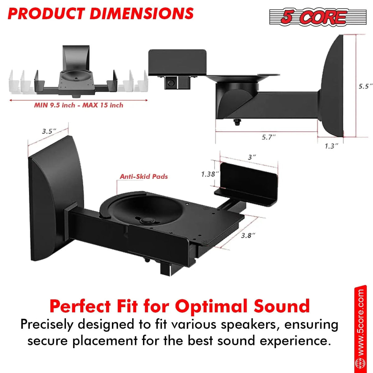 5Core Speaker Wall Mount Adjustable Swivel 15 Inch Space Bookshelf Brackets Pair - HONORABLE VETERANS SOLUTIONS