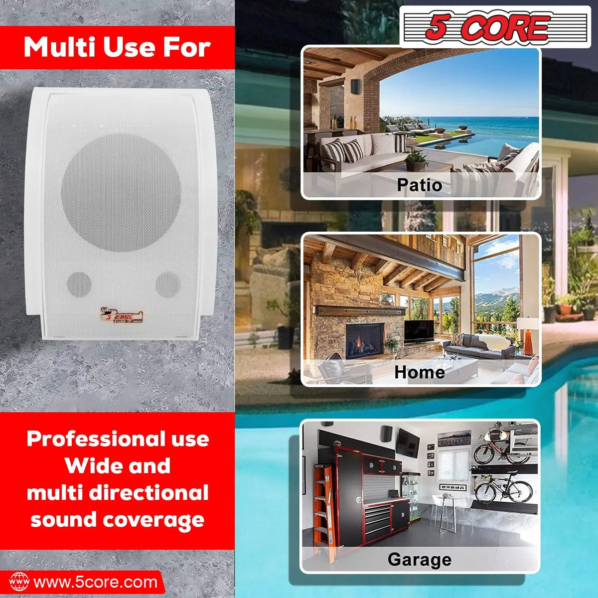 5Core Wall Speakers Stereo Outdoor Indoor 100W Home Audio System - HONORABLE VETERANS SOLUTIONS