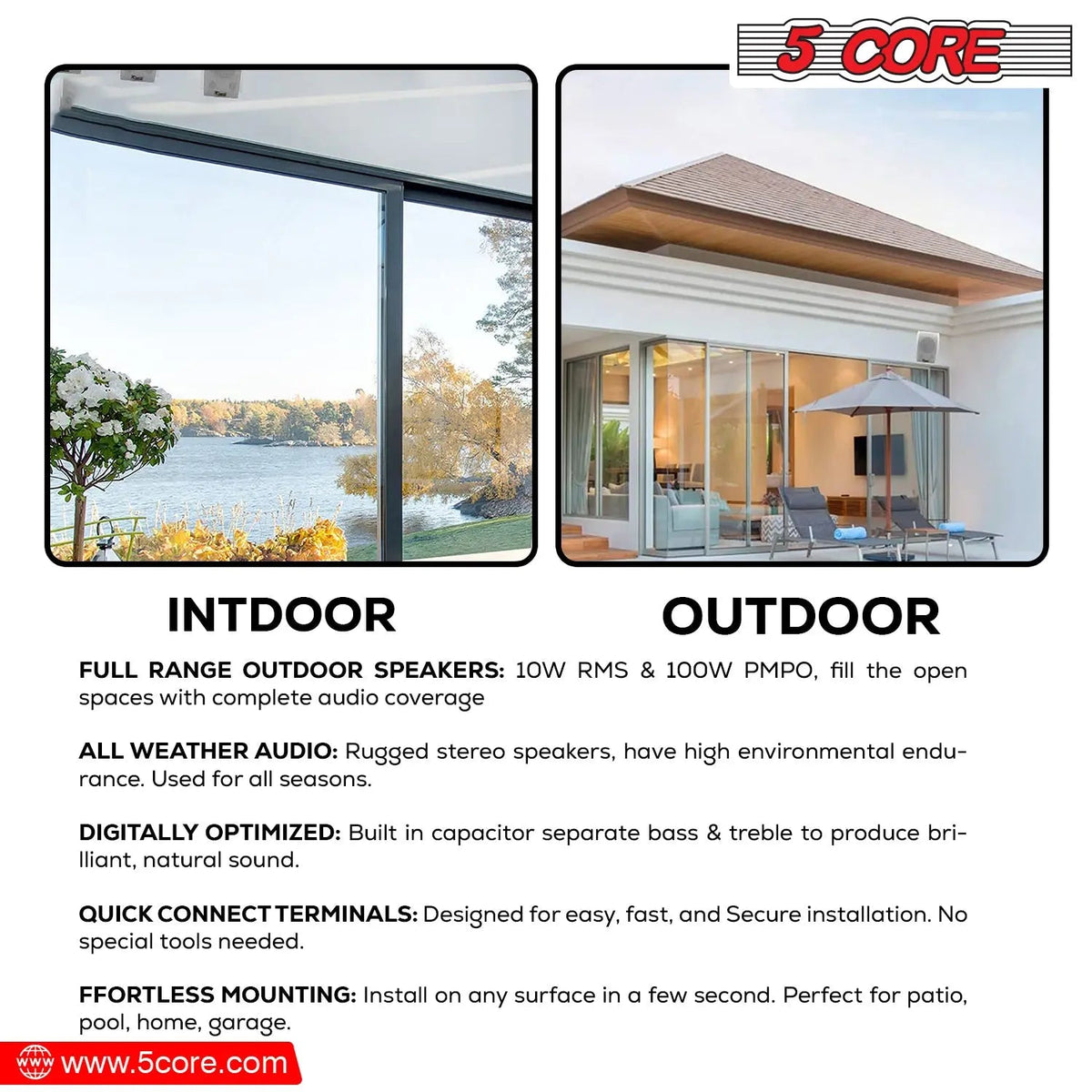 5Core Wall Speakers Stereo Outdoor Indoor 100W Home Audio System - HONORABLE VETERANS SOLUTIONS