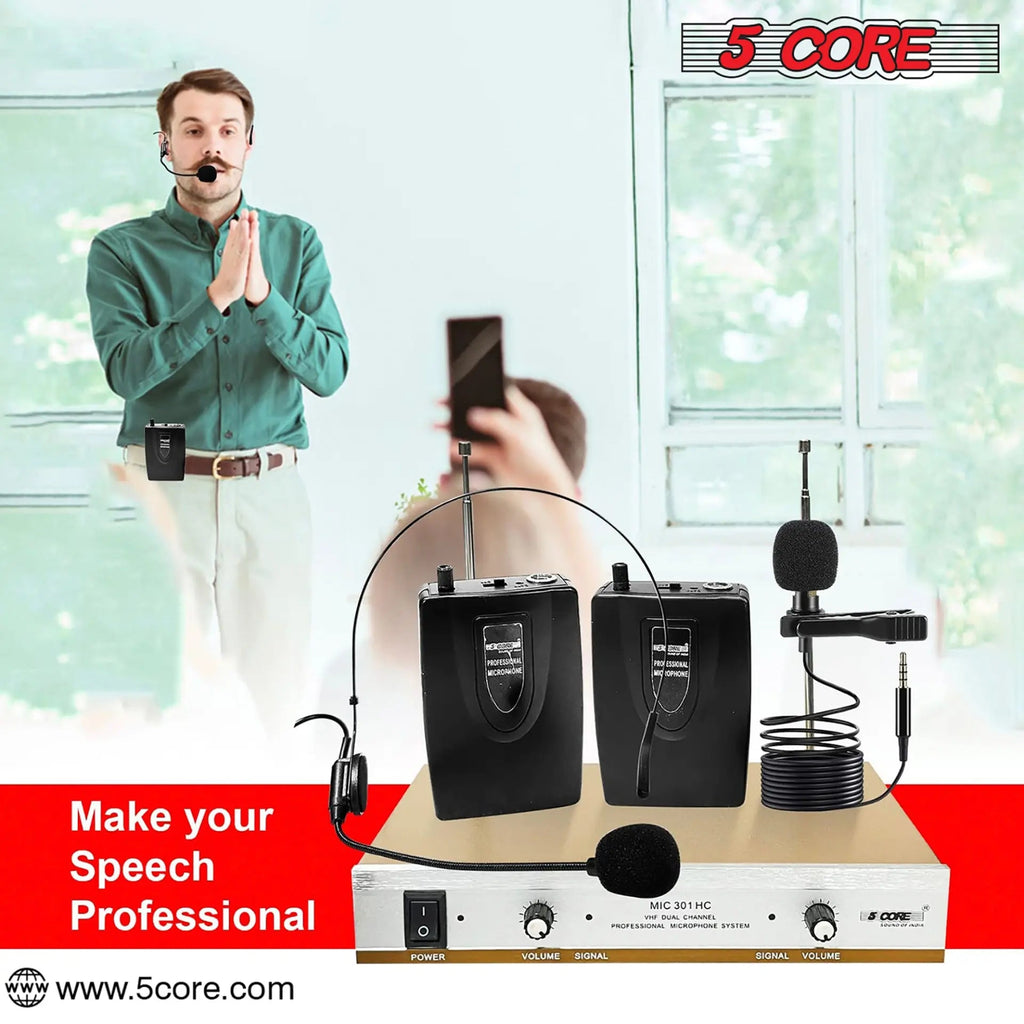 5Core Wireless Microphones w 1 Headset 1 Collar Mic + Receiver Microfono Inalambrico 165ft Range - HONORABLE VETERANS SOLUTIONS