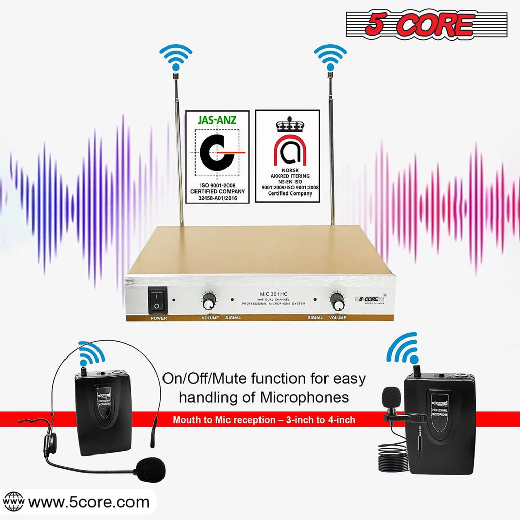 5Core Wireless Microphones w 1 Headset 1 Collar Mic + Receiver Microfono Inalambrico 165ft Range - HONORABLE VETERANS SOLUTIONS