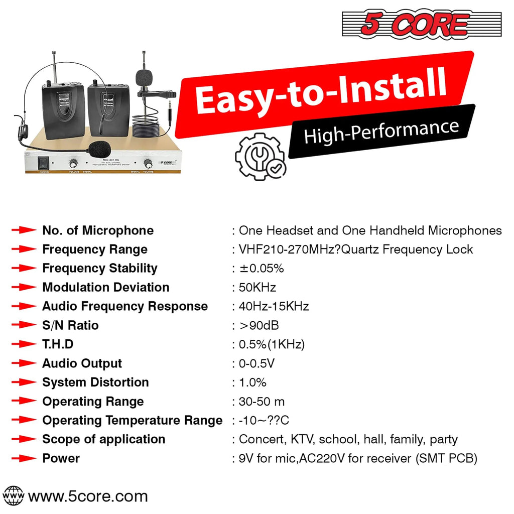 5Core Wireless Microphones w 1 Headset 1 Collar Mic + Receiver Microfono Inalambrico 165ft Range - HONORABLE VETERANS SOLUTIONS