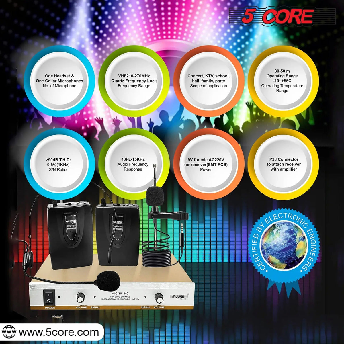 5Core Wireless Microphones w 1 Headset 1 Collar Mic + Receiver Microfono Inalambrico 165ft Range - HONORABLE VETERANS SOLUTIONS