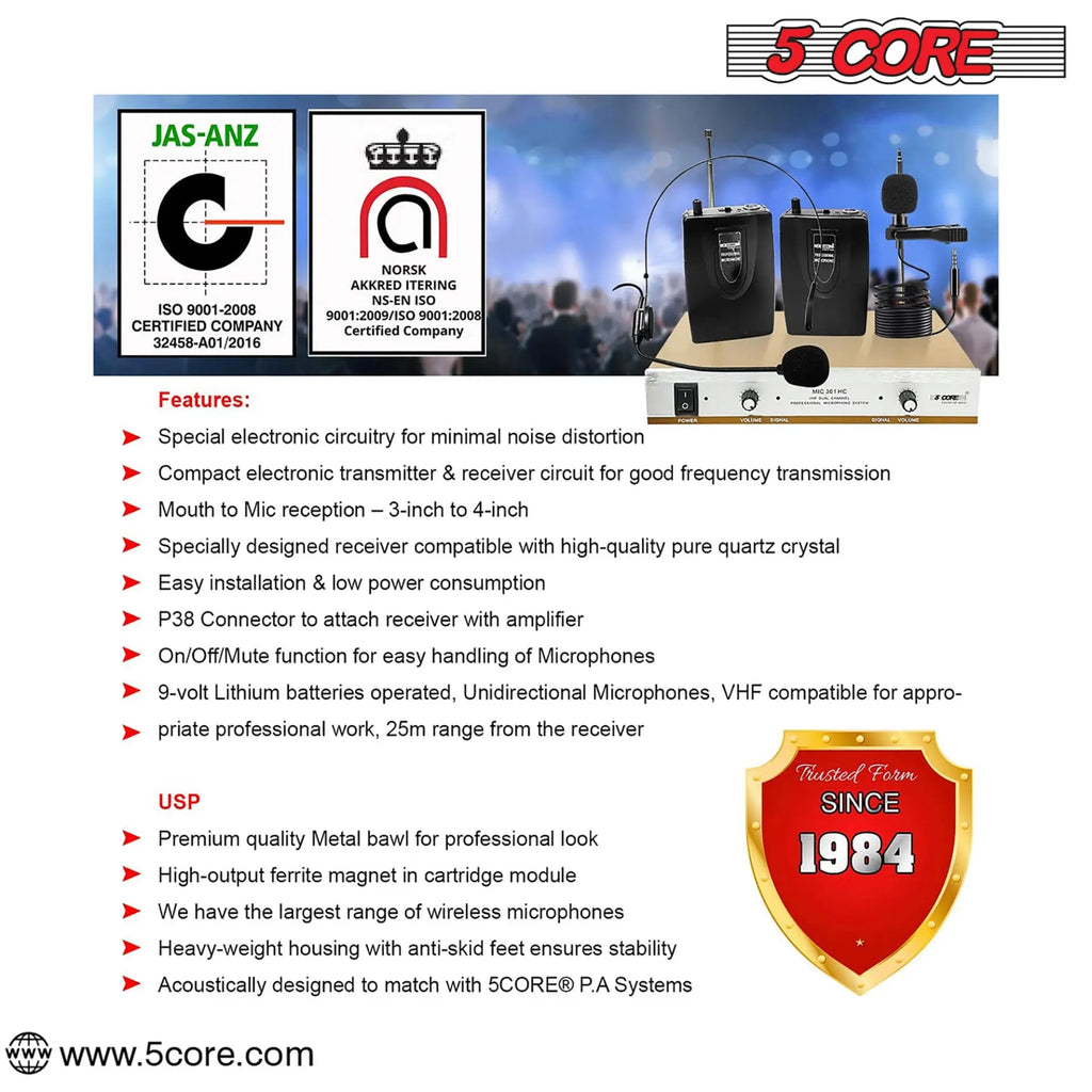 5Core Wireless Microphones w 1 Headset 1 Collar Mic + Receiver Microfono Inalambrico 165ft Range - HONORABLE VETERANS SOLUTIONS