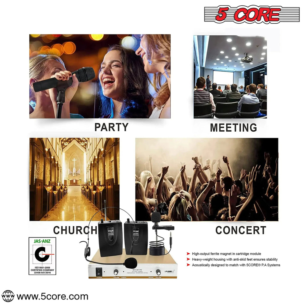 5Core Wireless Microphones w 1 Headset 1 Collar Mic + Receiver Microfono Inalambrico 165ft Range - HONORABLE VETERANS SOLUTIONS