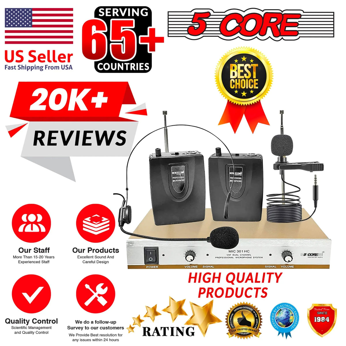 5Core Wireless Microphones w 1 Headset 1 Collar Mic + Receiver Microfono Inalambrico 165ft Range - HONORABLE VETERANS SOLUTIONS