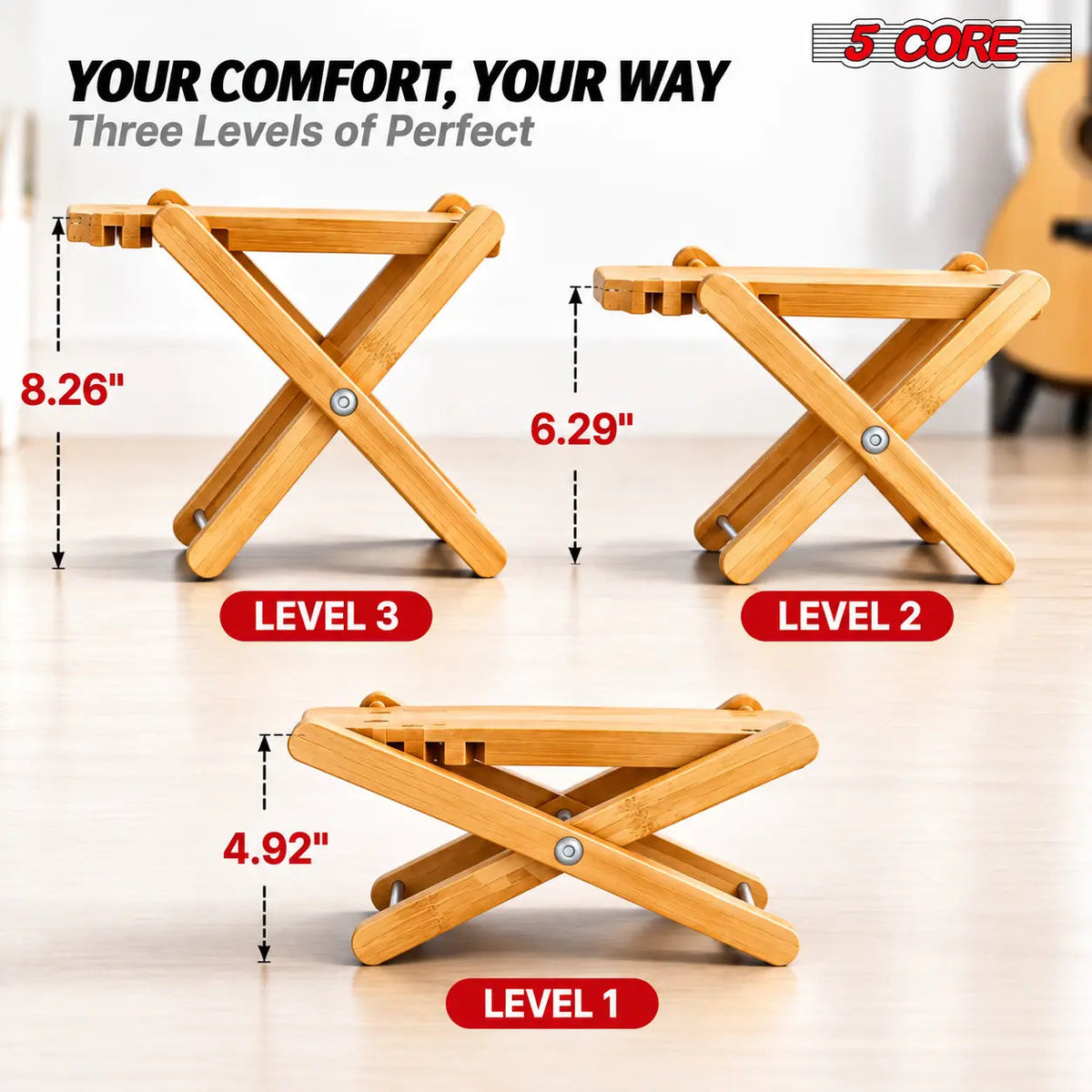 5Core Wooden Guitar Foot Stool 3 Level Adjustable Leg Rest Classical Footrest - HONORABLE VETERANS SOLUTIONS