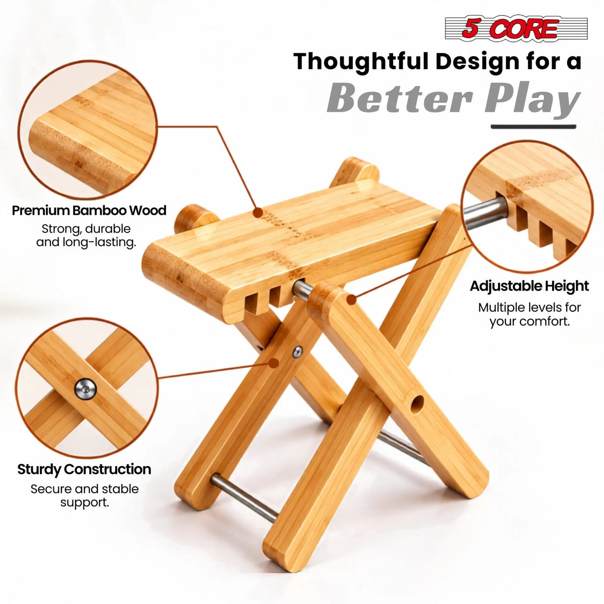 5Core Wooden Guitar Foot Stool 3 Level Adjustable Leg Rest Classical Footrest - HONORABLE VETERANS SOLUTIONS