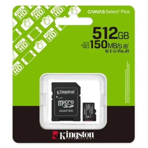 Kingston 512GB Canvas Select Plus Gen3 MicroSDXC Card with SD Adapter, UHS-I Class 10, U3, V30, A1 App Performance, 150MB/s - HONORABLE VETERANS SOLUTIONS